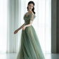 Green elegant A-line off-shoulder long tulle ball gown evening dress graduation dress coming of age ceremony dress nv1413