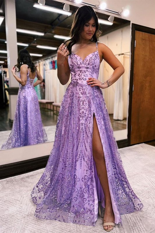A-Linie Spaghettiträger Spitze Ärmelloses Ballkleid mit Schlitz nv1097