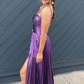 Purple Spaghetti Straps Metallic Keyhole Long Prom Dress with Slit nv1241