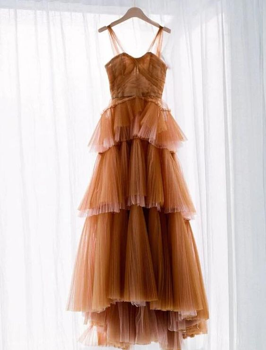 A-Linie, langes, braunes Tüll-Ballkleid, nv1153