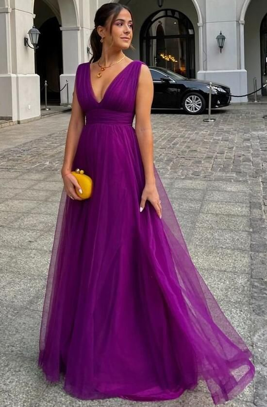 Lila bodenlanges A-Linien-Ballkleid mit V-Ausschnitt und Trägern, ärmellos, nv1175