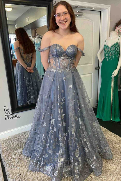 Robe de bal longue en tulle à épaules dénudées et imprimé lavande poussiéreux nv1285
