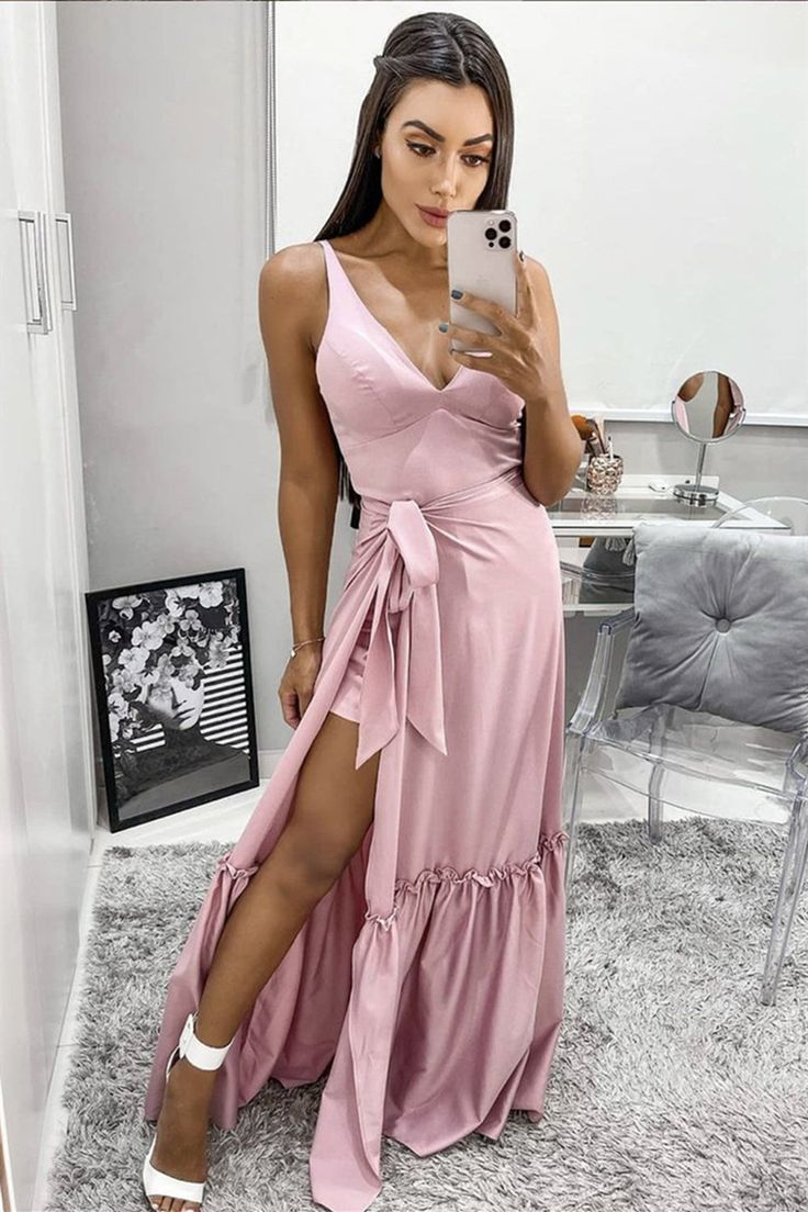 Langes Ballkleid in A-Linie mit V-Ausschnitt und hohem Schlitz, Rosa, nv1238