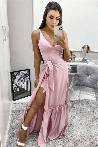 Langes Ballkleid in A-Linie mit V-Ausschnitt und hohem Schlitz, Rosa, nv1238