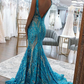 Robe de bal longue en dentelle à paillettes bleues et dorées avec décolleté en V profond et sirène scintillante nv1268