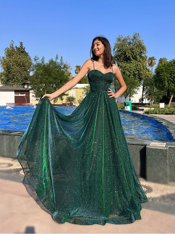 Grünes elegantes A-Linien-Ballkleid mit Spaghettiträgern und Tüll, lang, nv1195