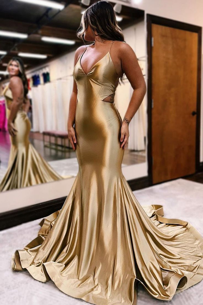Goldenes langes Meerjungfrauen-Ballkleid mit V-Ausschnitt und Cut-Out nv1264
