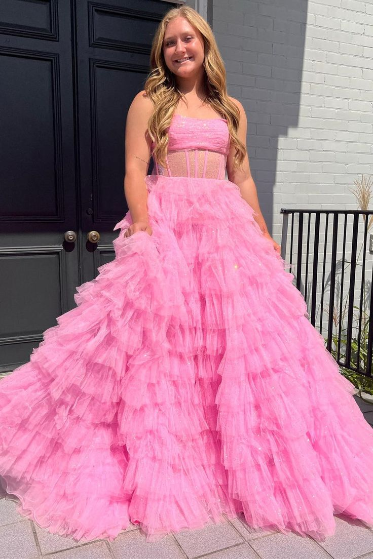 A-Linien-Ballkleid aus trägerlosem Korsett mit Glitzertüll und Rüschen nv1308