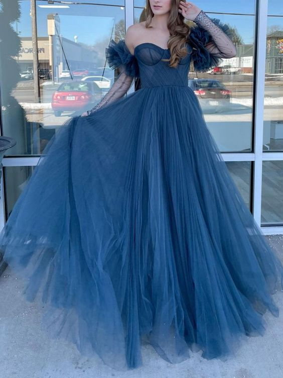 Langes Ballkleid aus blauem Tüll, blaues Abendkleid mit langen Ärmeln, NV1291