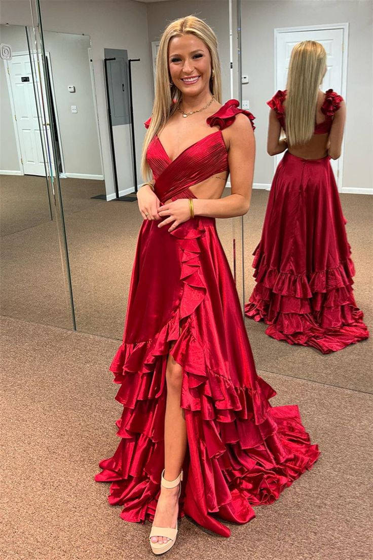 Robe de bal longue rouge à volants croisés et couches hautes-bas nv1293