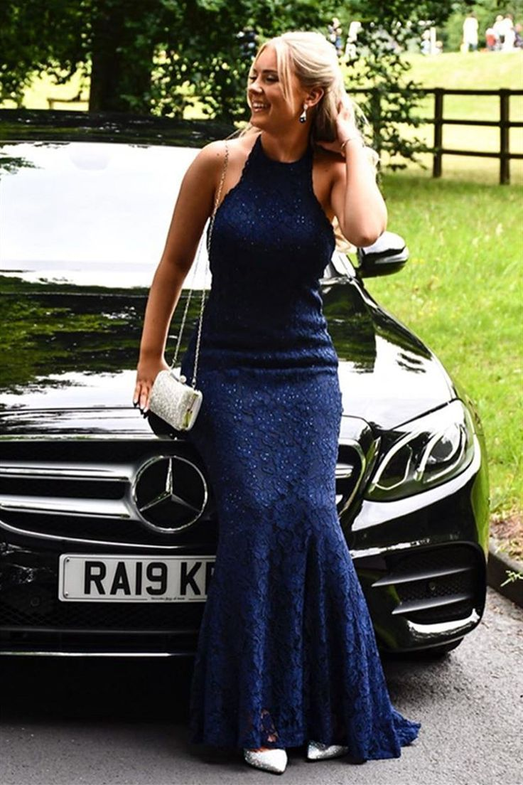 Sexy Meerjungfrau Neckholder Rückenfreies Langes Blaues Spitzen Ballkleid nv1267