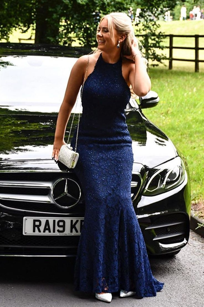 Sexy Meerjungfrau Neckholder Rückenfreies Langes Blaues Spitzen Ballkleid nv1267