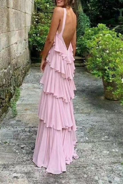 A-Linie Träger Stufen Chiffon Bodenlang Langes Ballkleid Rosa Abendkleider nv1297