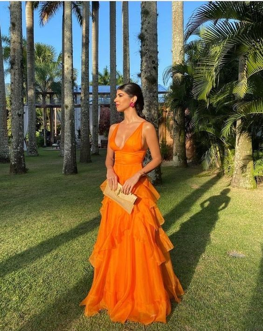 Orange schlichtes, sexy, elegantes V-Ausschnitt-Rüschen-langes Ballkleid, Abendkleid, Partykleid, V-Ausschnitt-Kleid, Ballkleid zum Beeindrucken, nv1161