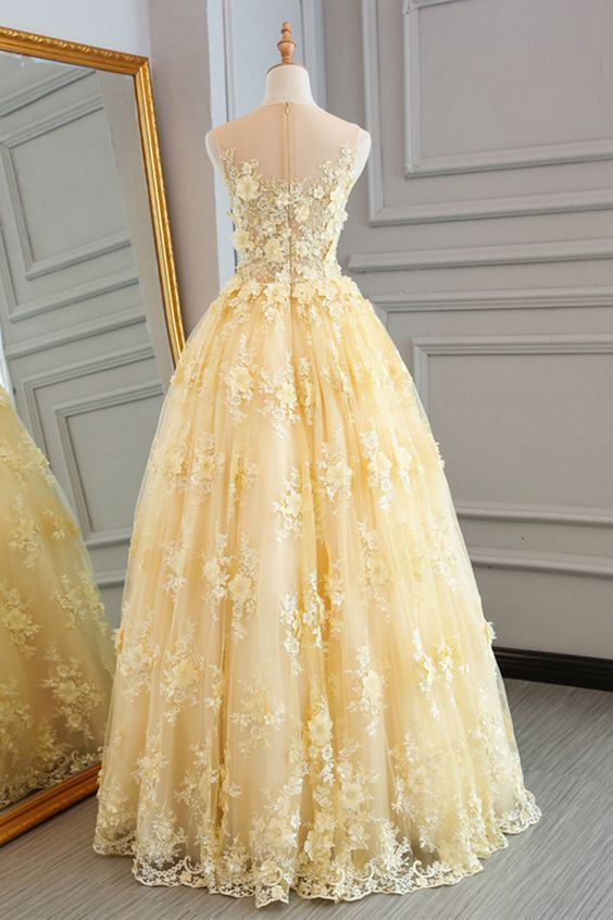 Gelbes langes A-Linien-Ballkleid aus Spitze mit ärmellosen Applikationen nv1118