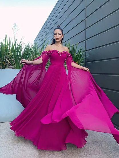 A-Linie/Elegant Chiffon Bodenlang Lange Ärmel Rüschen Off-the-Shoulder Ballkleider nv1304