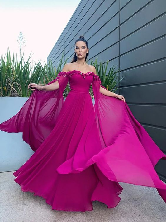 A-Linie/Elegant Chiffon Bodenlang Lange Ärmel Rüschen Off-the-Shoulder Ballkleider nv1304