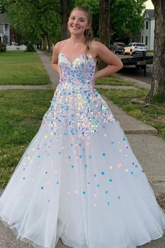 A-Linie, trägerlos, langes weißes Ballkleid mit Pailletten, nv1294