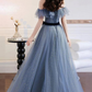 Robe de soirée longue à épaules dénudées en tulle gris et bleu nv1068