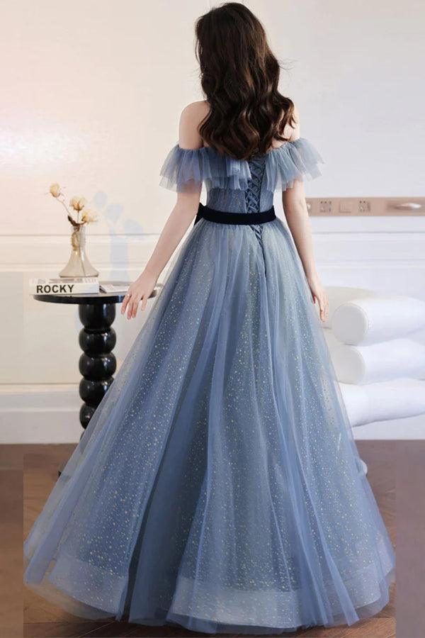 Robe de soirée longue à épaules dénudées en tulle gris et bleu nv1068