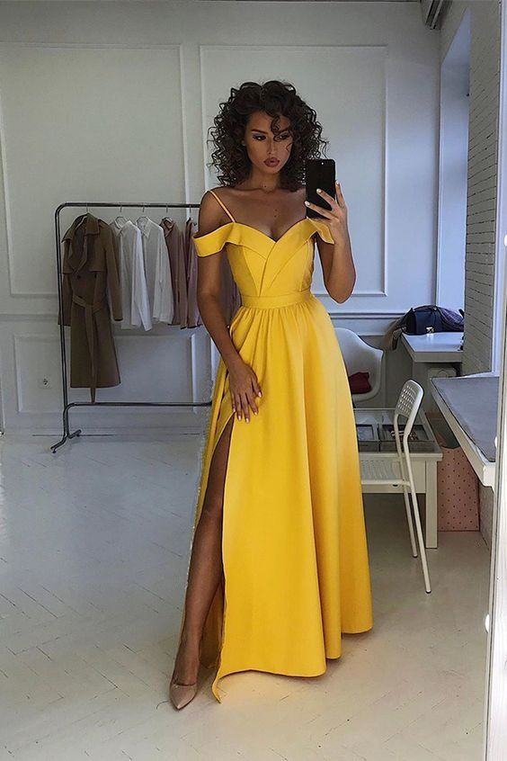 Gelbes Satin-Abendkleid, Ballkleid, sexy, formelle Kleider, NV1178