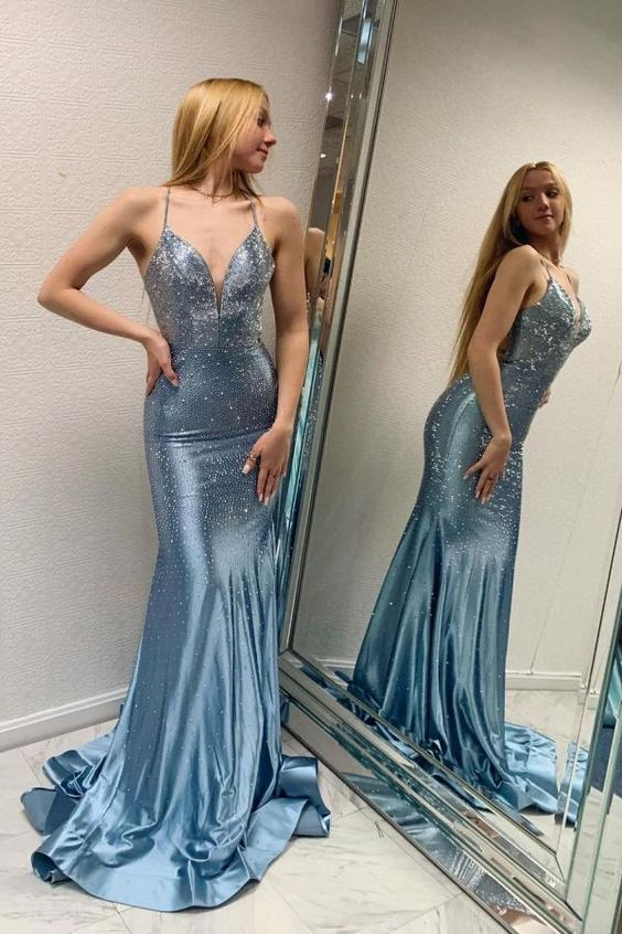 Glänzendes, tiefes V-Ausschnitt-Ballkleid, ärmellos, schmales Meerjungfrau-Partykleid, NV1200
