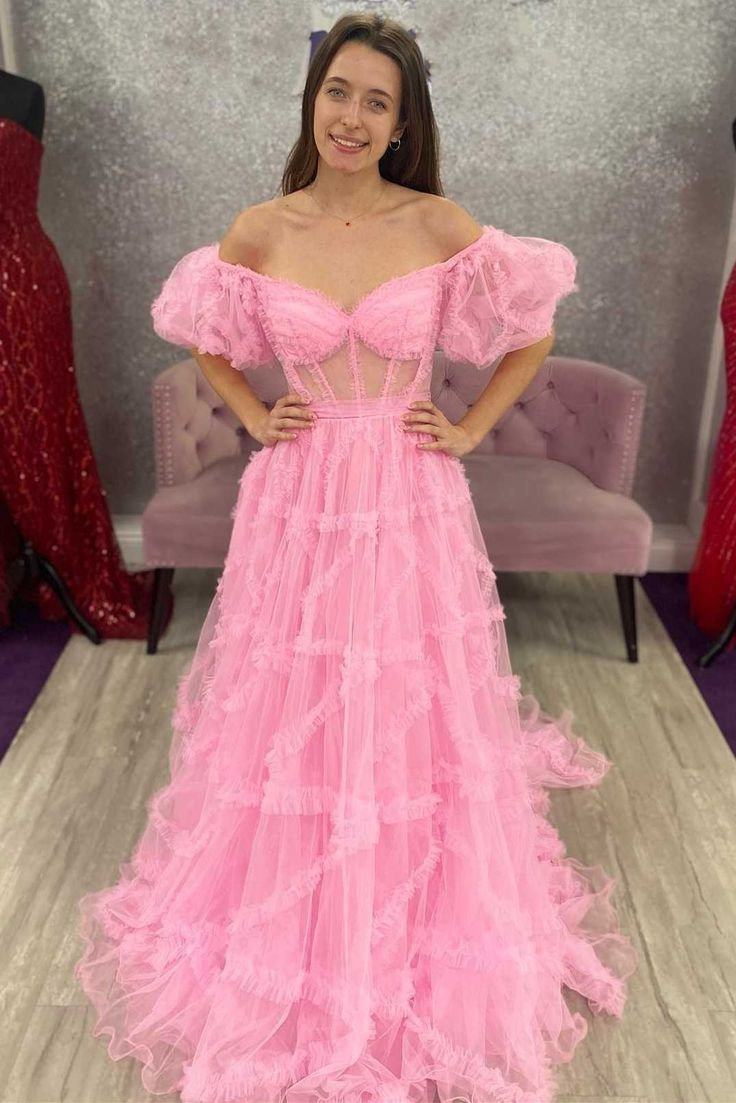 Prinzessin Rosa Off-the-Shoulder A-Linie Ballkleid mit Rüschen nv1309