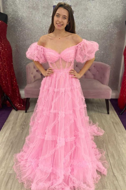 Prinzessin Rosa Off-the-Shoulder A-Linie Ballkleid mit Rüschen nv1309