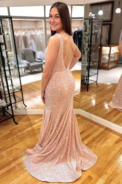 Robe longue de soirée sirène à paillettes irisées roses avec décolleté plongeant en V et dos nu nv1147