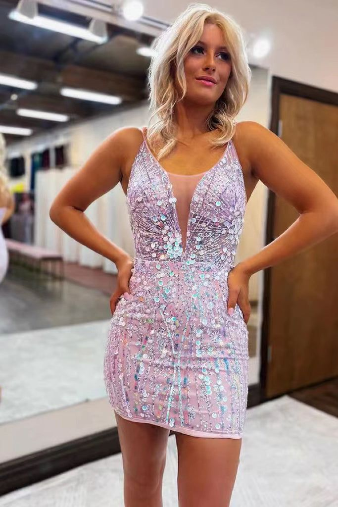 Glitzernde Pailletten, tiefer V-Ausschnitt, figurbetontes Homecoming-Kleid, kurzes Ballkleid nv1251