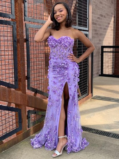 Robe corset longue ajustée sans bretelles avec décolleté en cœur et fleurs 3D nv1276