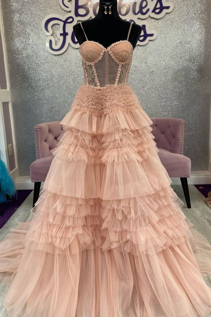 Rosafarbenes A-Linien-Ballkleid mit Rüschenlagen und Schnürung am Rücken, nv1203