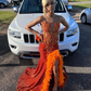 Abendkleid mit Perlenbesatz und Schlitz, orange, glänzende Pailletten, Abendkleid nv1121