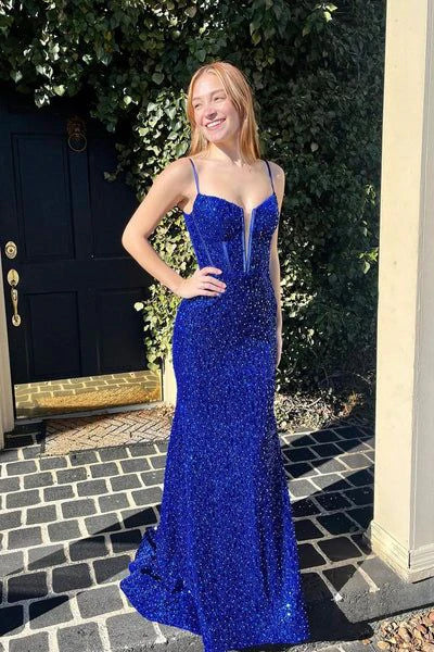 Robe de soirée longue à paillettes bleues nv1742