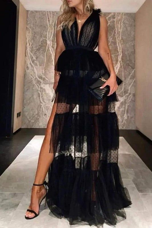 Schwarzes modisches, elegantes V-Ausschnitt-Maxikleid aus Tüll mit langem Schlitz, sexy Abendkleid für Damen, Ballkleid NV1133