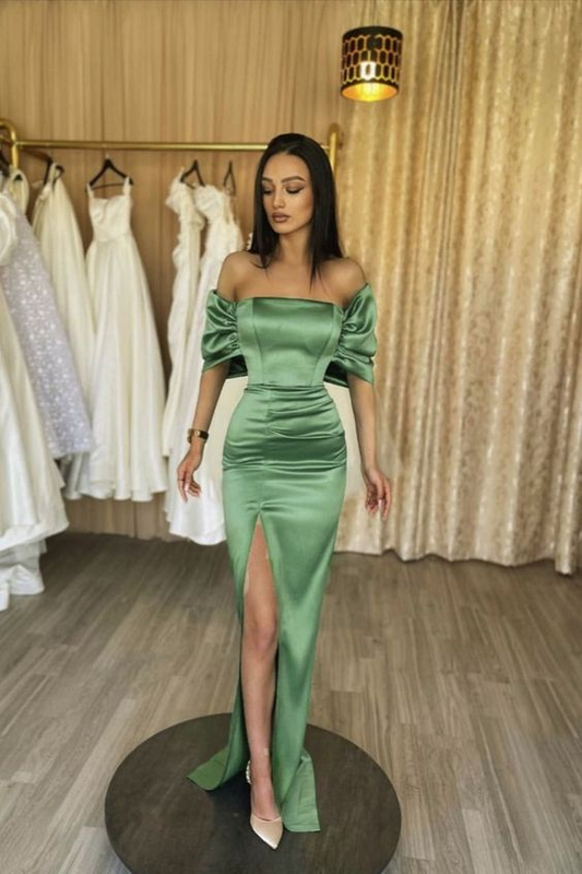 Robe de bal fourreau en satin vert sauge avec fente nv1211