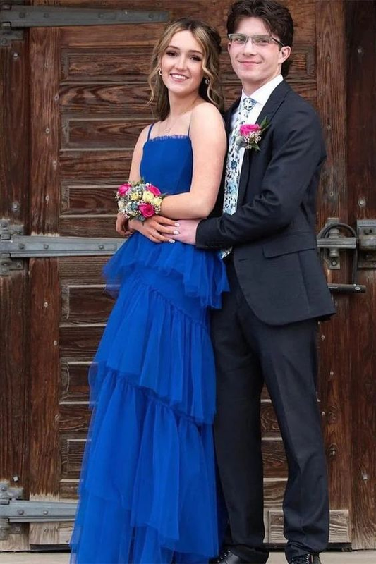 Robe longue à volants en tulle bleu royal avec bretelles spaghetti Robe de bal nv1219