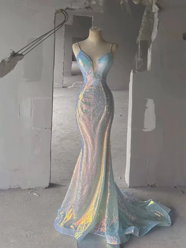 Farbenfrohes, glänzendes, elegantes V-Ausschnitt-Spaghettiträger-langes Meerjungfrau-Abendkleid im bodenlangen Schleppe-Ballkleid-Stil nv1199