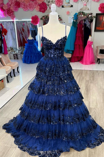Königsblaues langes Ballkleid mit Blumenmuster, mehreren Lagen, Paillettenträgern, nv1232