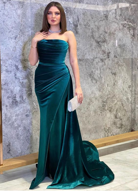Robe de soirée formelle sans manches en velours vert nv1217