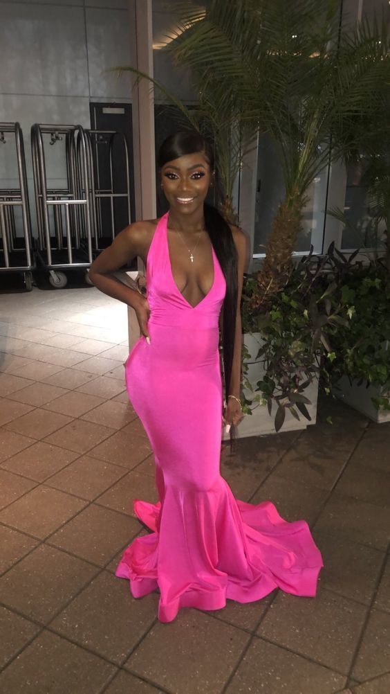 Langes, rosa Etui-Ballkleid mit tiefem V-Ausschnitt, nv1139