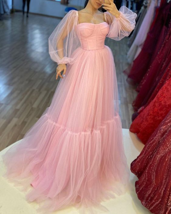 Rosa A-Linien-Ballkleid aus Tüll mit langen Ärmeln, Abendkleid NV1206