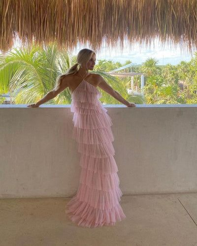 Robe de soirée longue en tulle rose à dos nu nv1353