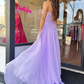 Robe de bal longue en dentelle violette sans bretelles à col en cœur nv1315