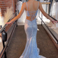 Hellblaues langes Ballkleid im Meerjungfrauen-Stil mit Pailletten, Twist-Front und Schnürung, nv1370