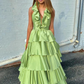 Red Ruffled Plunging V Neck Layers Long Prom Dress with Slit nv1348