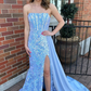 Blaues trägerloses Meerjungfrau-Ballkleid mit Pailletten und Spitze, langes Ballkleid, NV1300