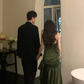 Robe de bal longue en satin vert foncé à bretelles spaghetti nv1243