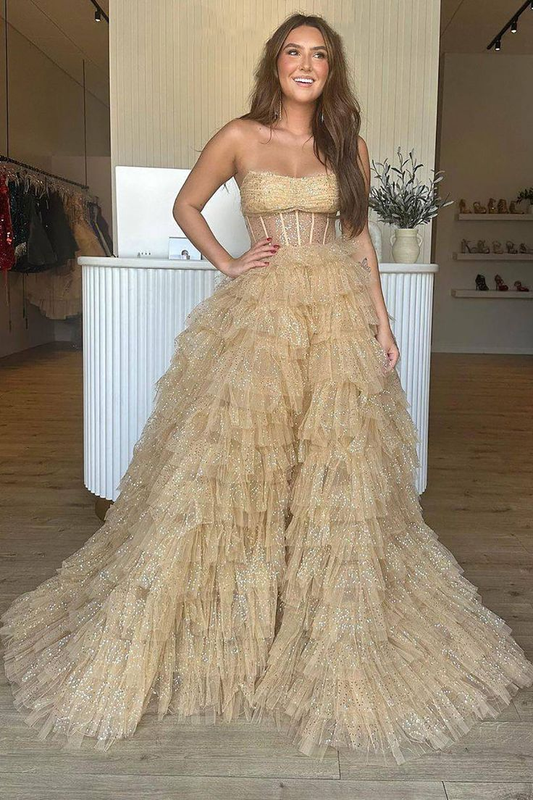 A-Linien-Ballkleid aus trägerlosem Korsett mit Glitzertüll und Rüschen nv1308