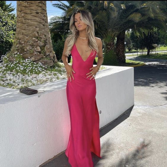 Sexy A-Linie V-Ausschnitt Ärmelloses Partykleid Hot Pink Ballkleid nv1342